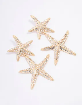 Gold Double Diamante Starfish Drop Earrings