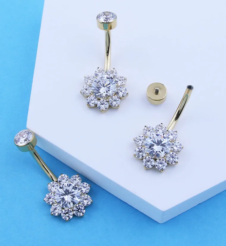 Gold PVD Flora Clear CZ Internally Threaded Titanium Belly Button Ring