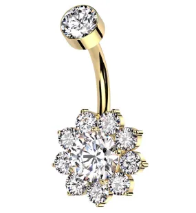 Gold PVD Flora Clear CZ Internally Threaded Titanium Belly Button Ring