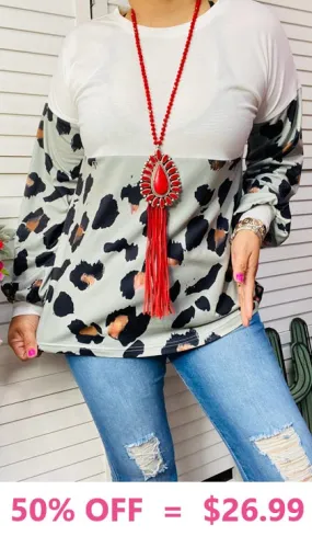 Half White Half Grey leopard long sleeve top