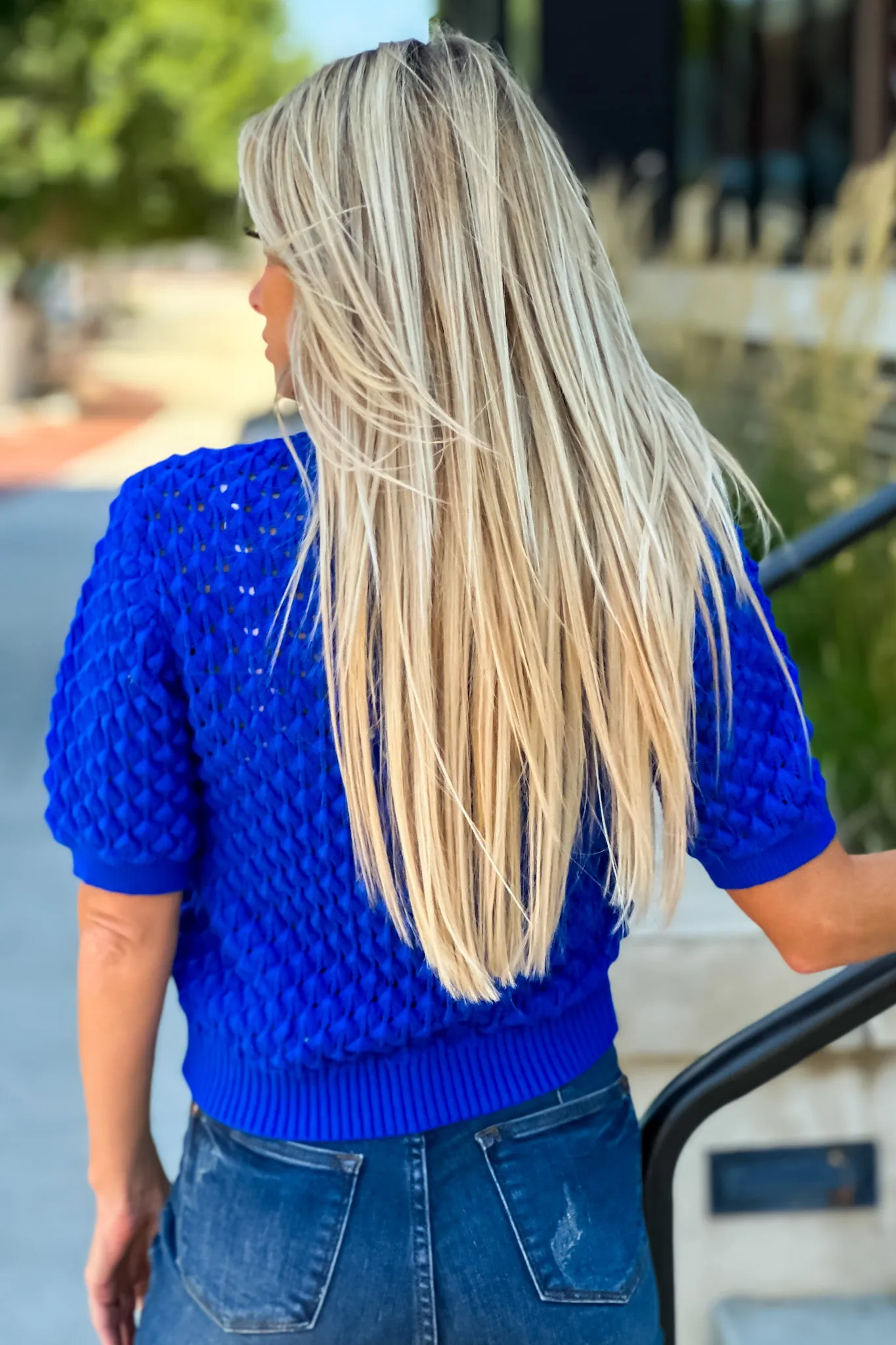 Ira Open Weave Short Sleeve Sweater : Royal Blue