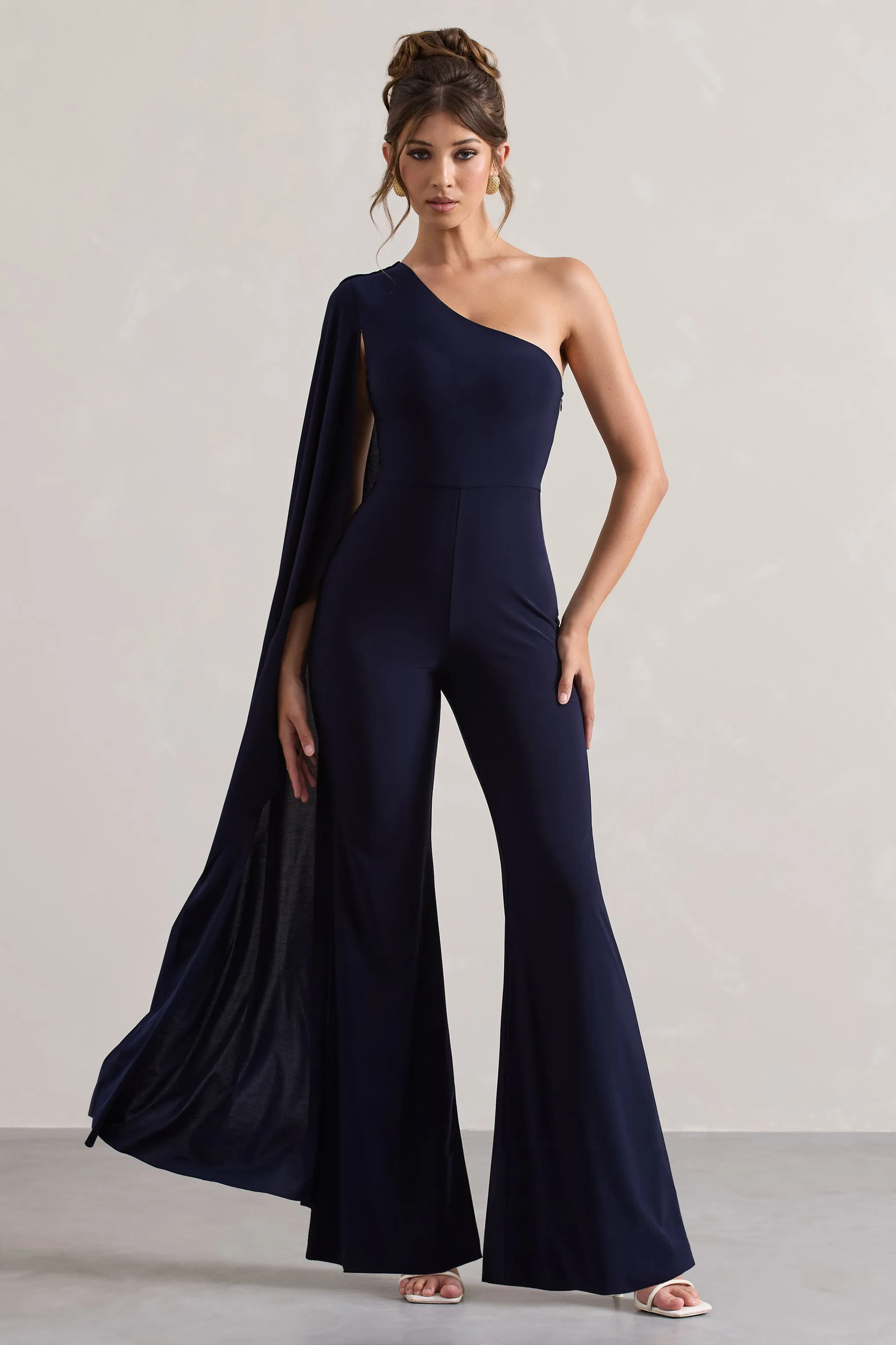 Julie | Navy Asymmetric Flared-Leg Jumpsuit With Cape Sleeve