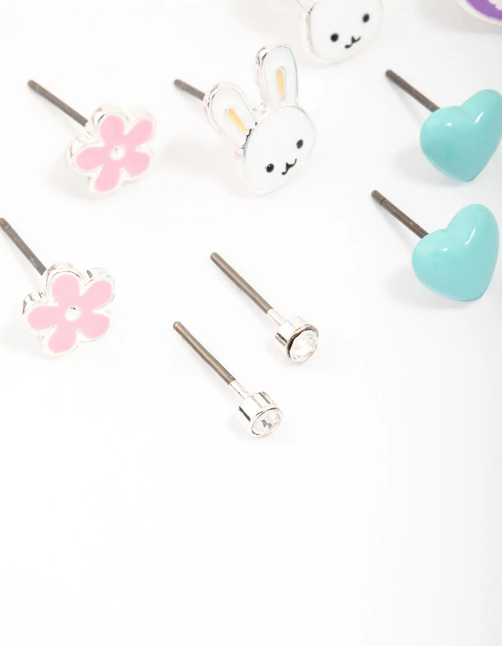 Kids Silver Easter Bunny & Heart Stud Earring 6-Pack