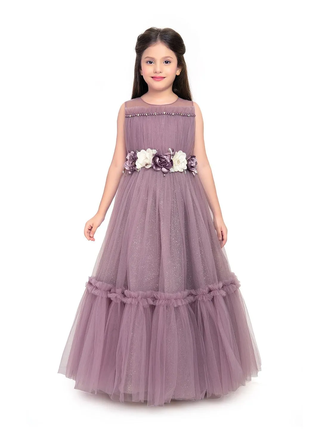 Lilac Coloured Corsage Hand Work Imported Net Ruffle Ball Gown Style For Girls