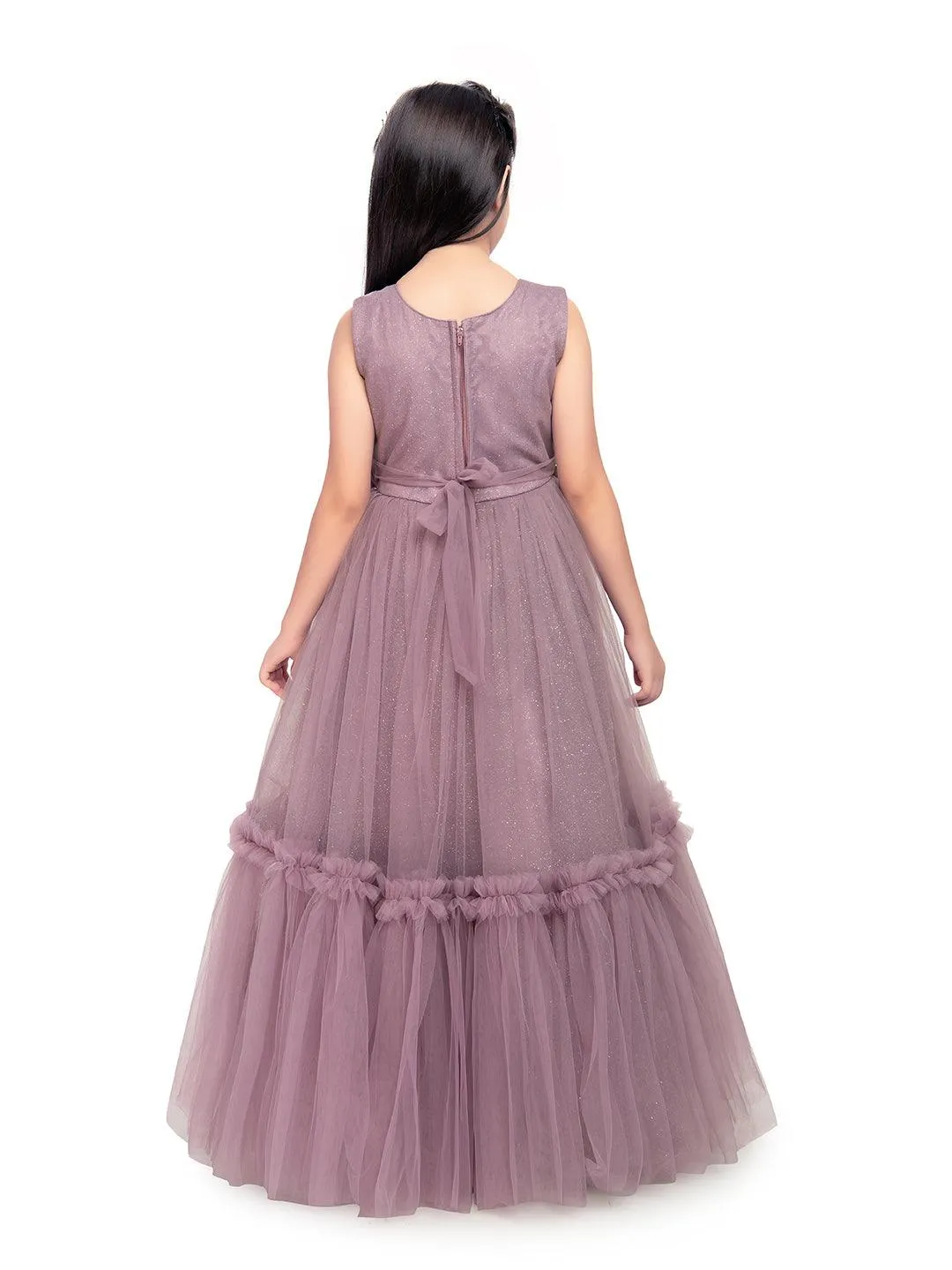 Lilac Coloured Corsage Hand Work Imported Net Ruffle Ball Gown Style For Girls