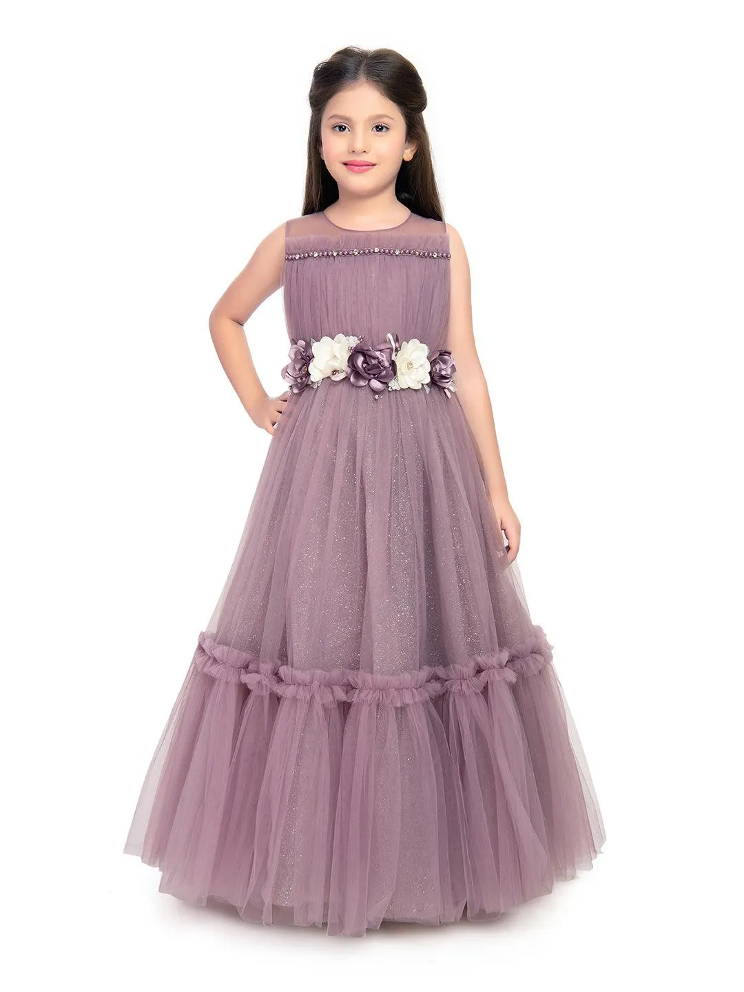 Lilac Coloured Corsage Hand Work Imported Net Ruffle Ball Gown Style For Girls