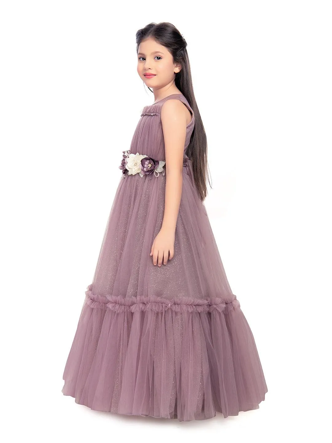 Lilac Coloured Corsage Hand Work Imported Net Ruffle Ball Gown Style For Girls