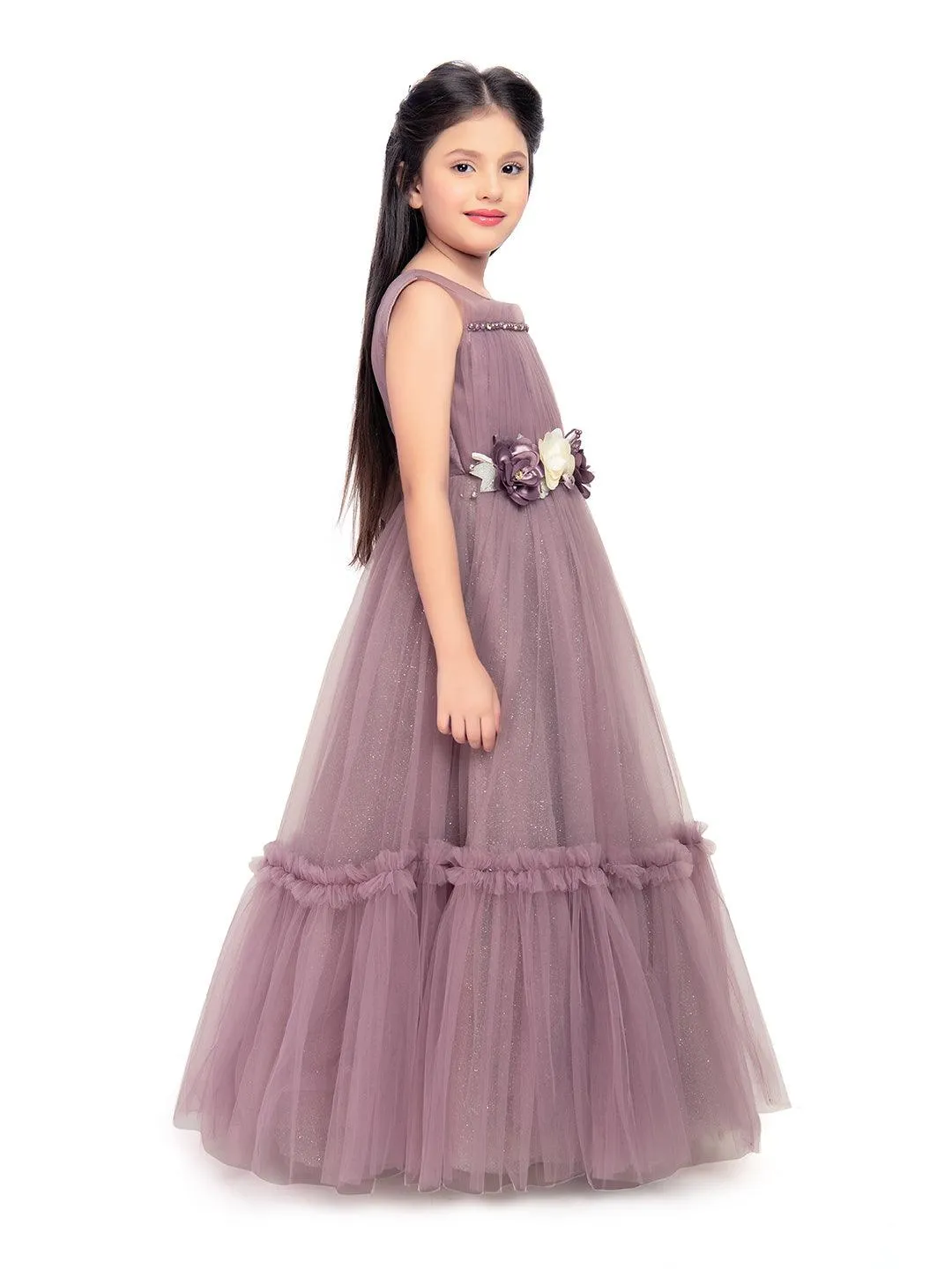 Lilac Coloured Corsage Hand Work Imported Net Ruffle Ball Gown Style For Girls