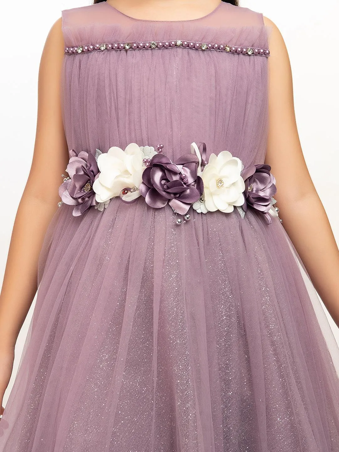 Lilac Coloured Corsage Hand Work Imported Net Ruffle Ball Gown Style For Girls