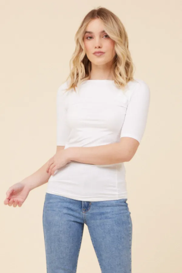 Majestic Elbow Sleeve Boatneck Tee in Blanc