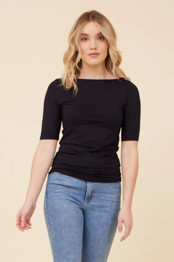 Majestic Elbow Sleeve Boatneck Tee in Marine