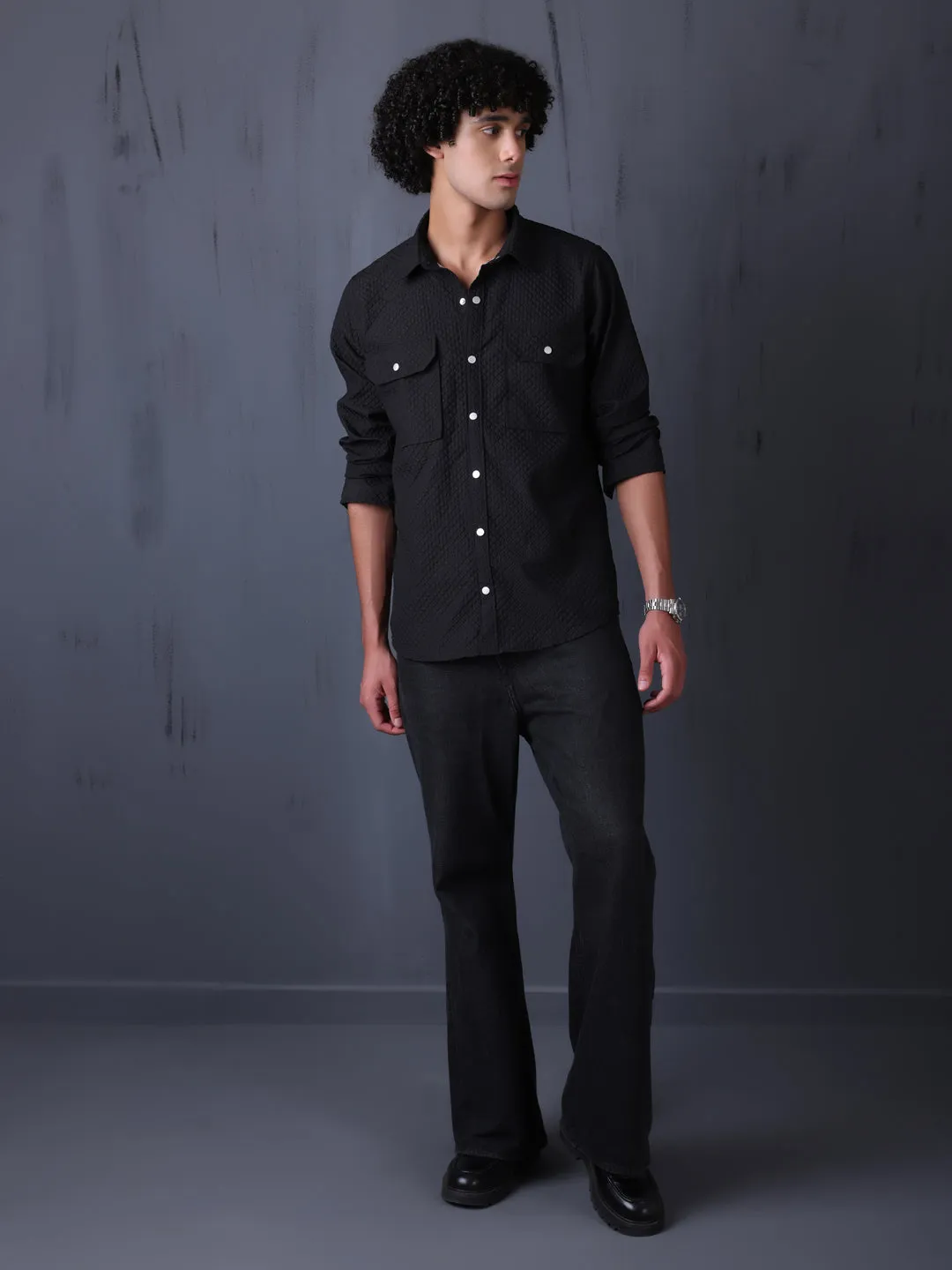 Man's Casual Imported Fabric Double Pocket Crush Shirts - Black