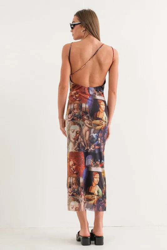 Mona Lisa Painting Photo Mesh Open Back Dress