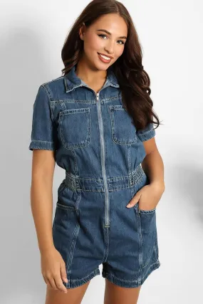 Navy Denim Elastic Waist Zip Up Playsuit