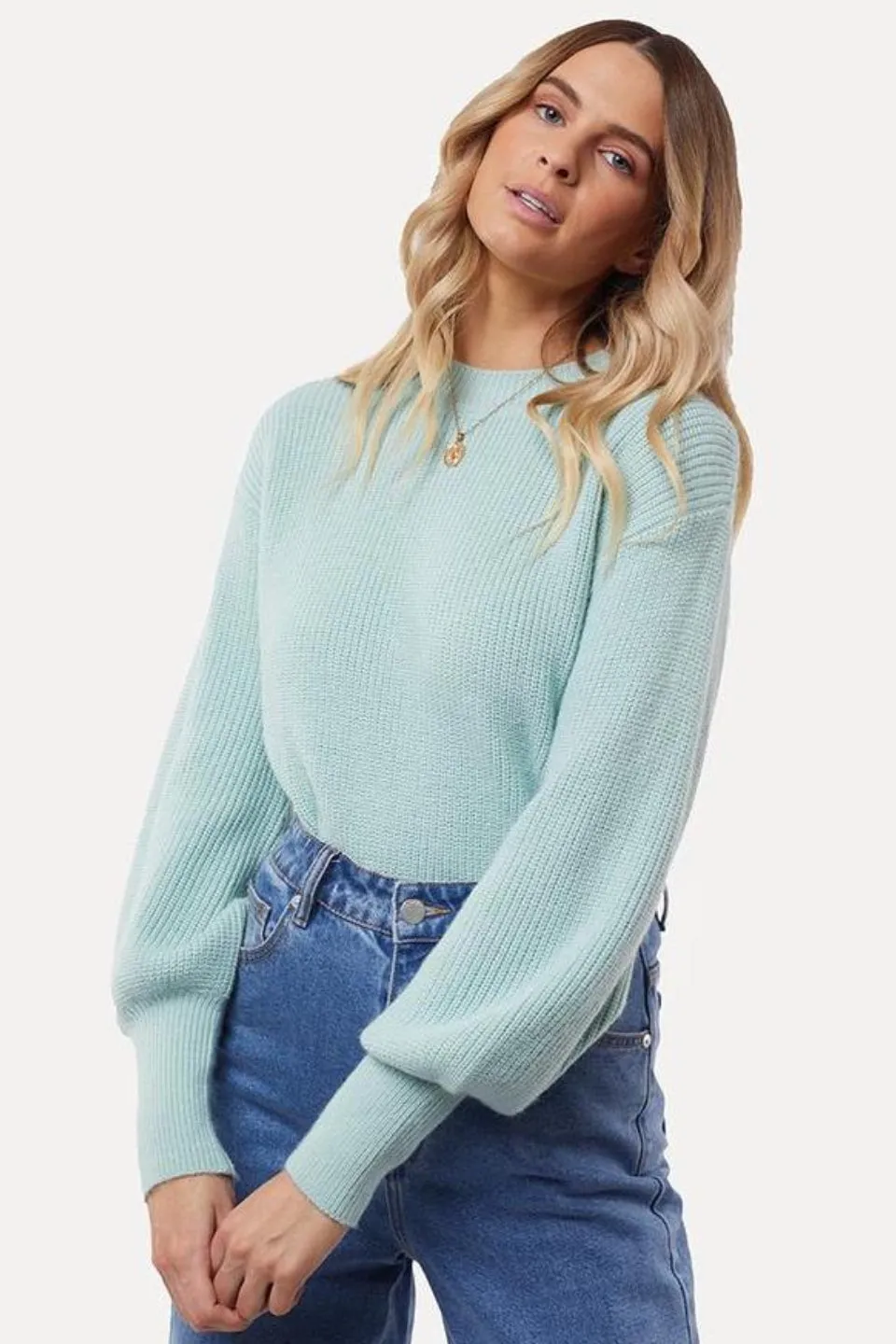 Olivia Light Green Balloon Sleeve Knit Sweater