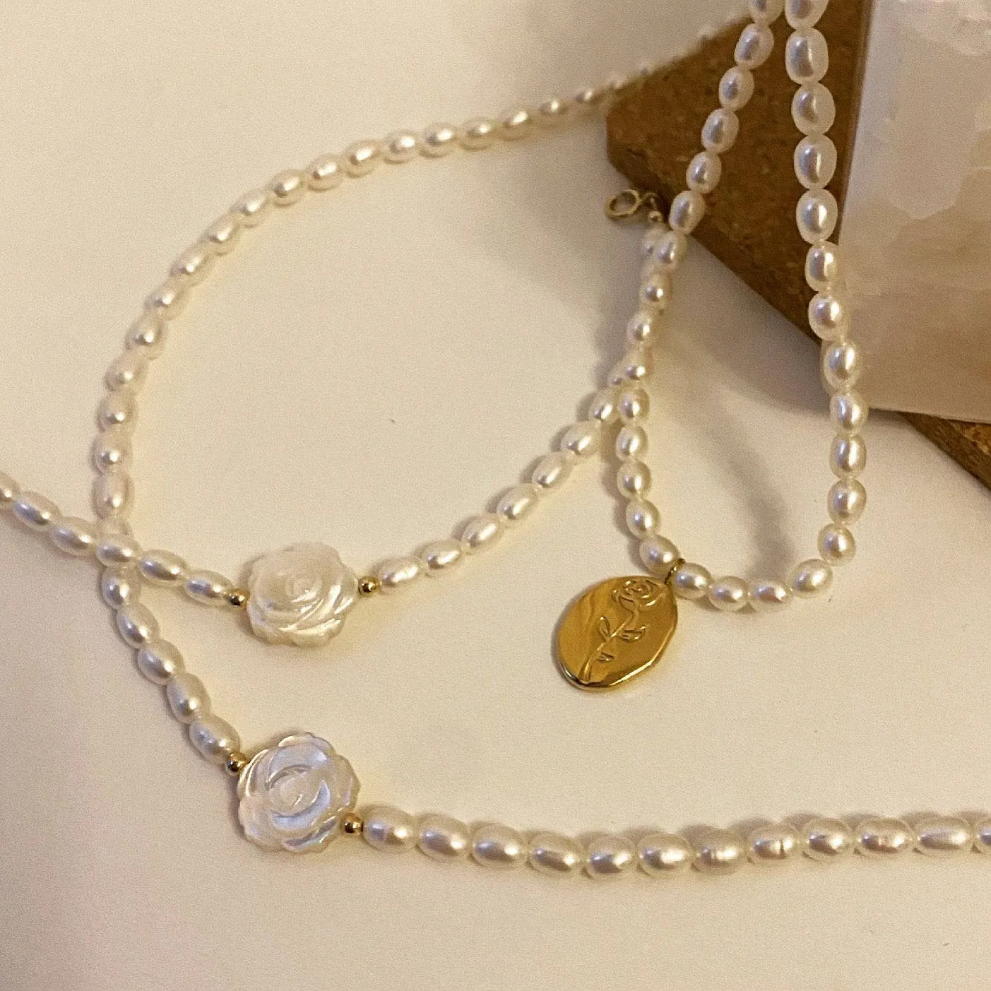 Rose Carvered Mother of Pearls Shell Necklace and Bracelet (Purchase Individually)