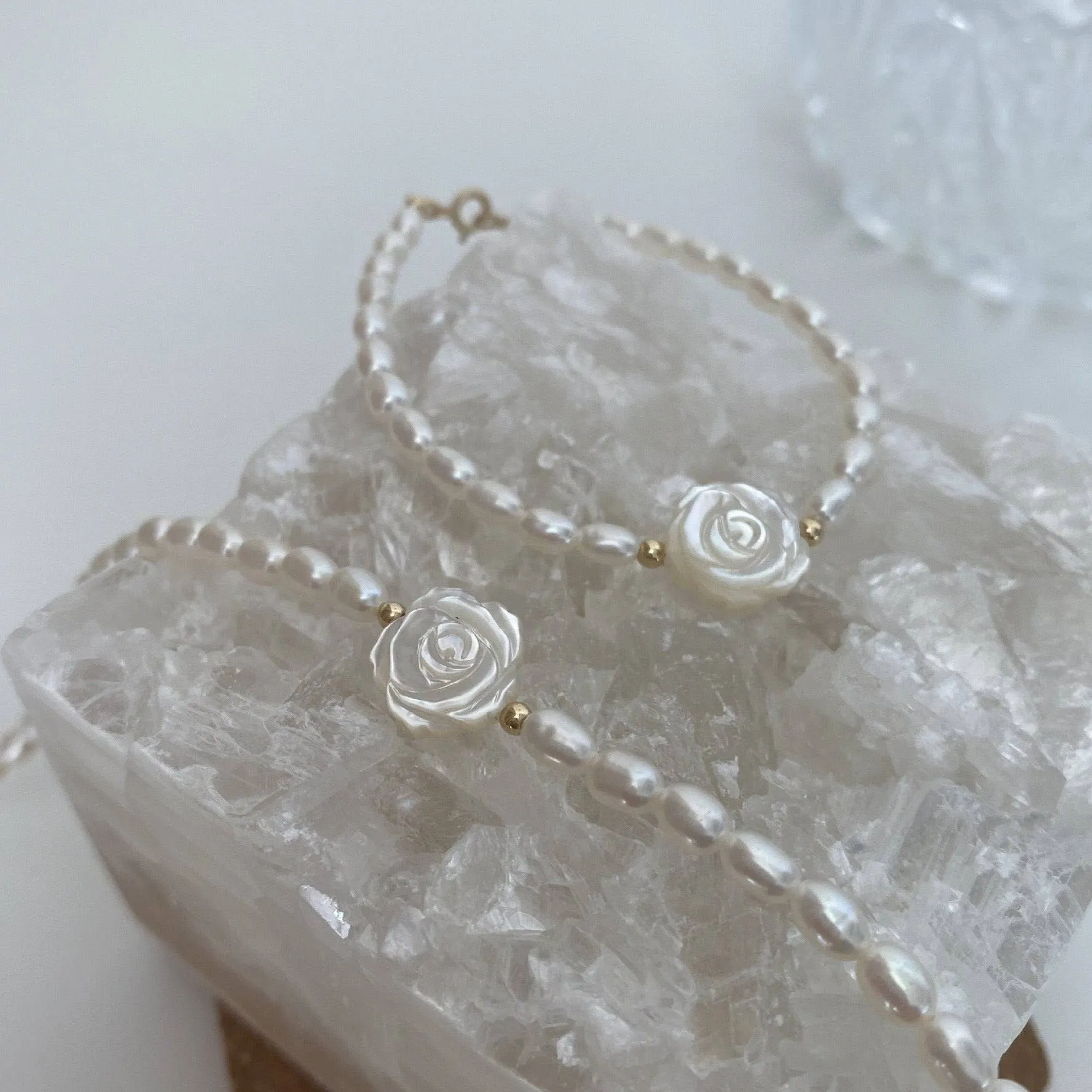 Rose Carvered Mother of Pearls Shell Necklace and Bracelet (Purchase Individually)