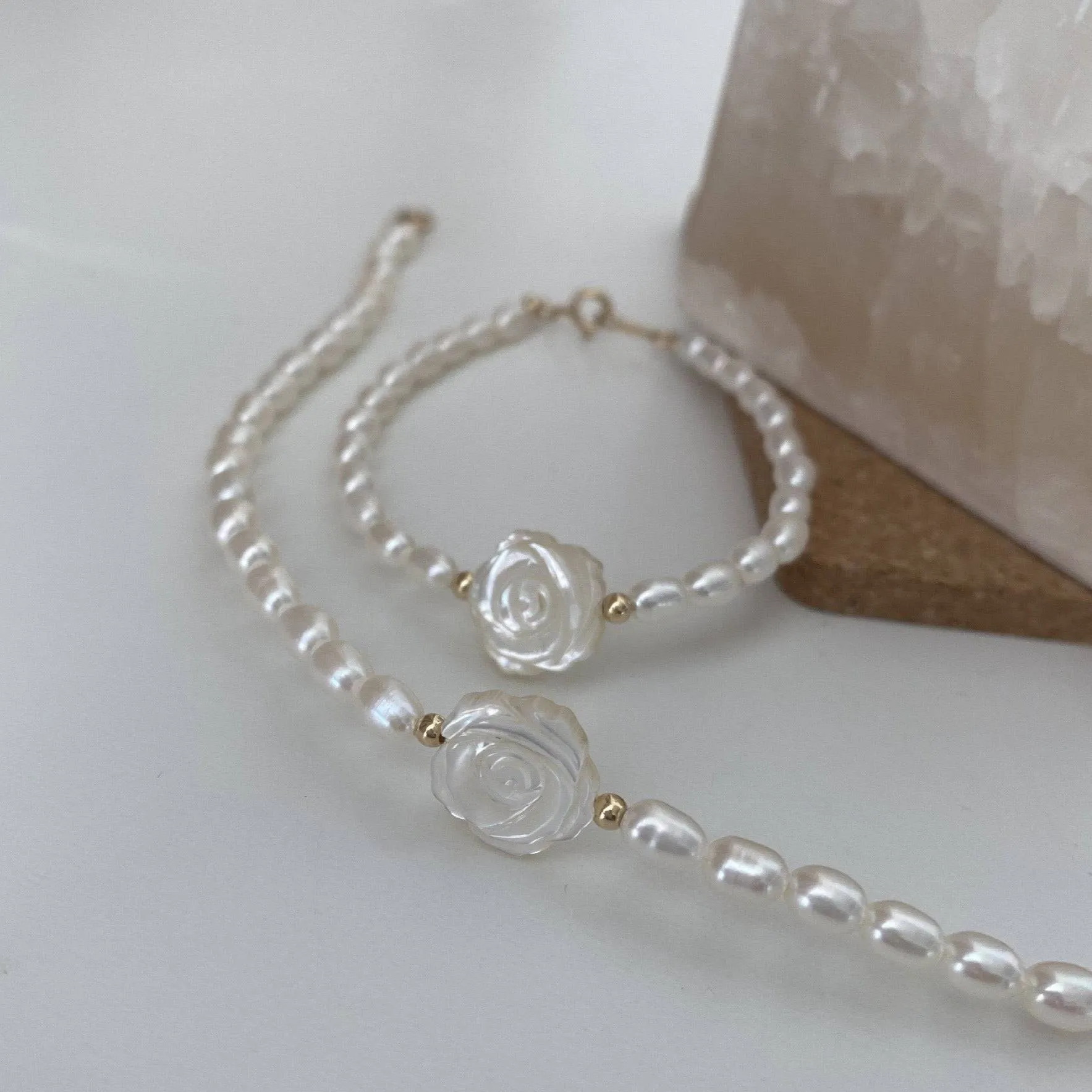 Rose Carvered Mother of Pearls Shell Necklace and Bracelet (Purchase Individually)