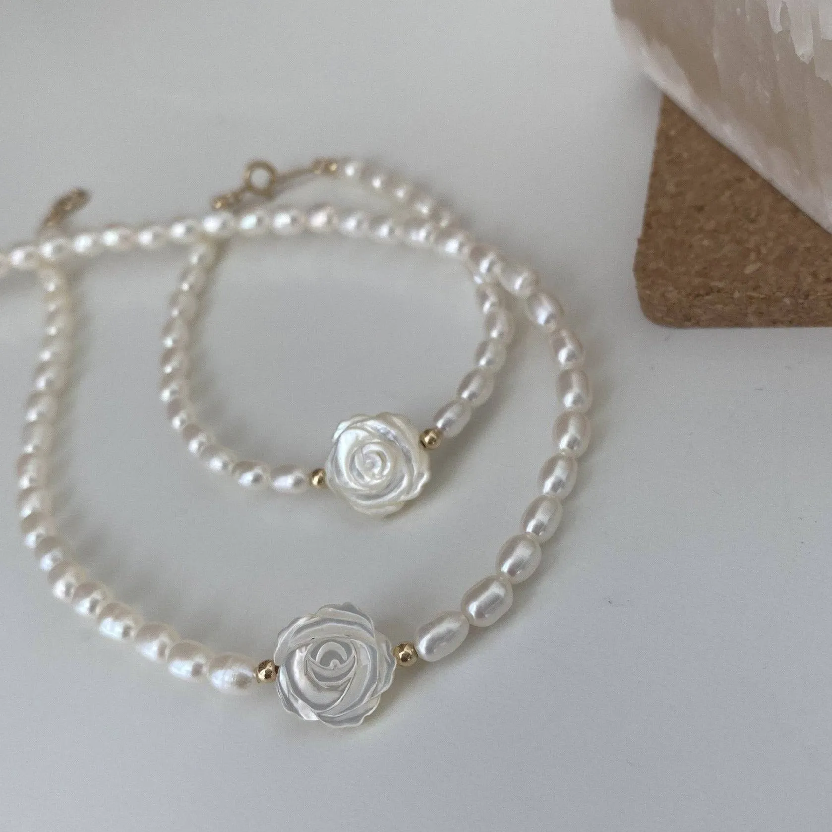 Rose Carvered Mother of Pearls Shell Necklace and Bracelet (Purchase Individually)