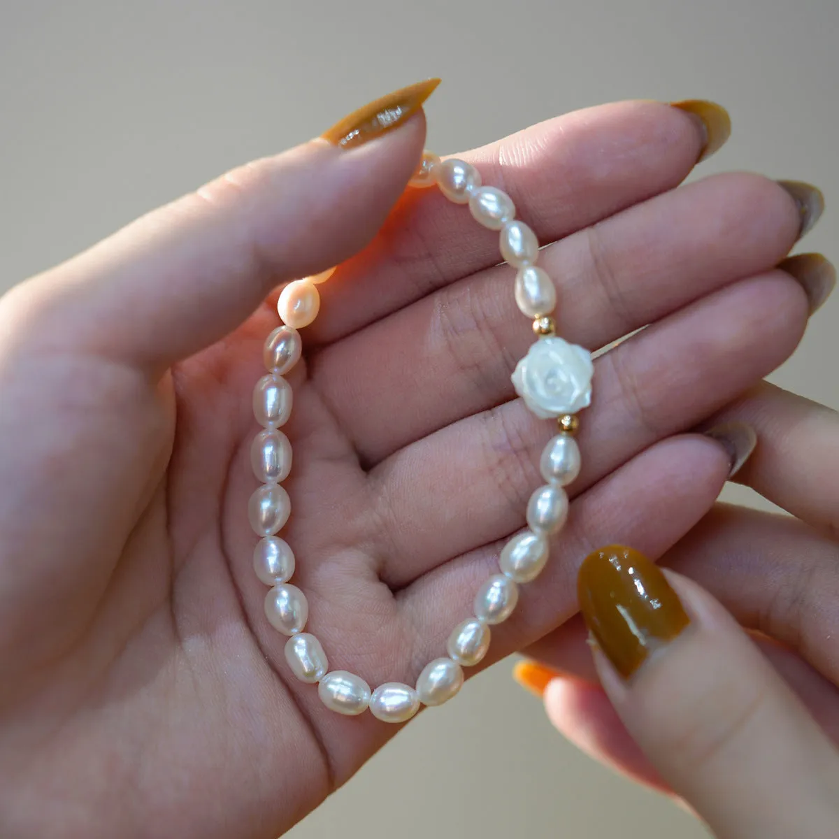 Rose Carvered Mother of Pearls Shell Necklace and Bracelet (Purchase Individually)