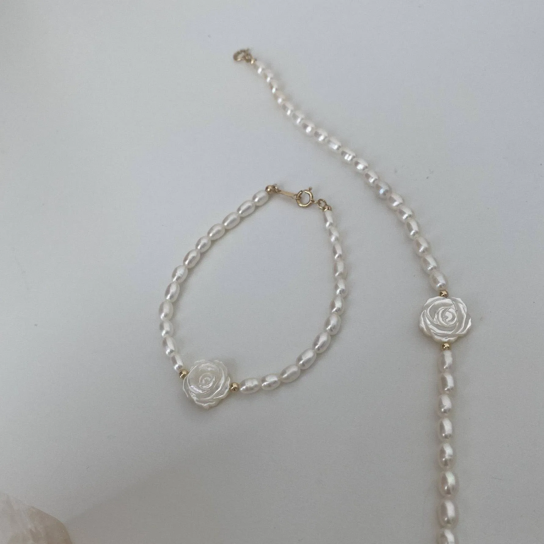 Rose Carvered Mother of Pearls Shell Necklace and Bracelet (Purchase Individually)