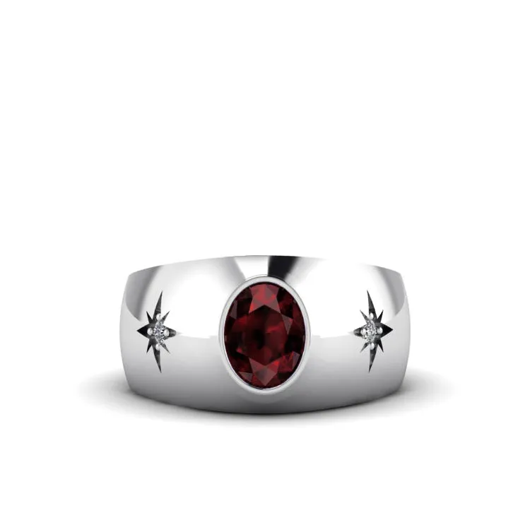 Ruby Ring for Man in 18K White Gold with Genuine Diamonds Classic Wedding Jewelry