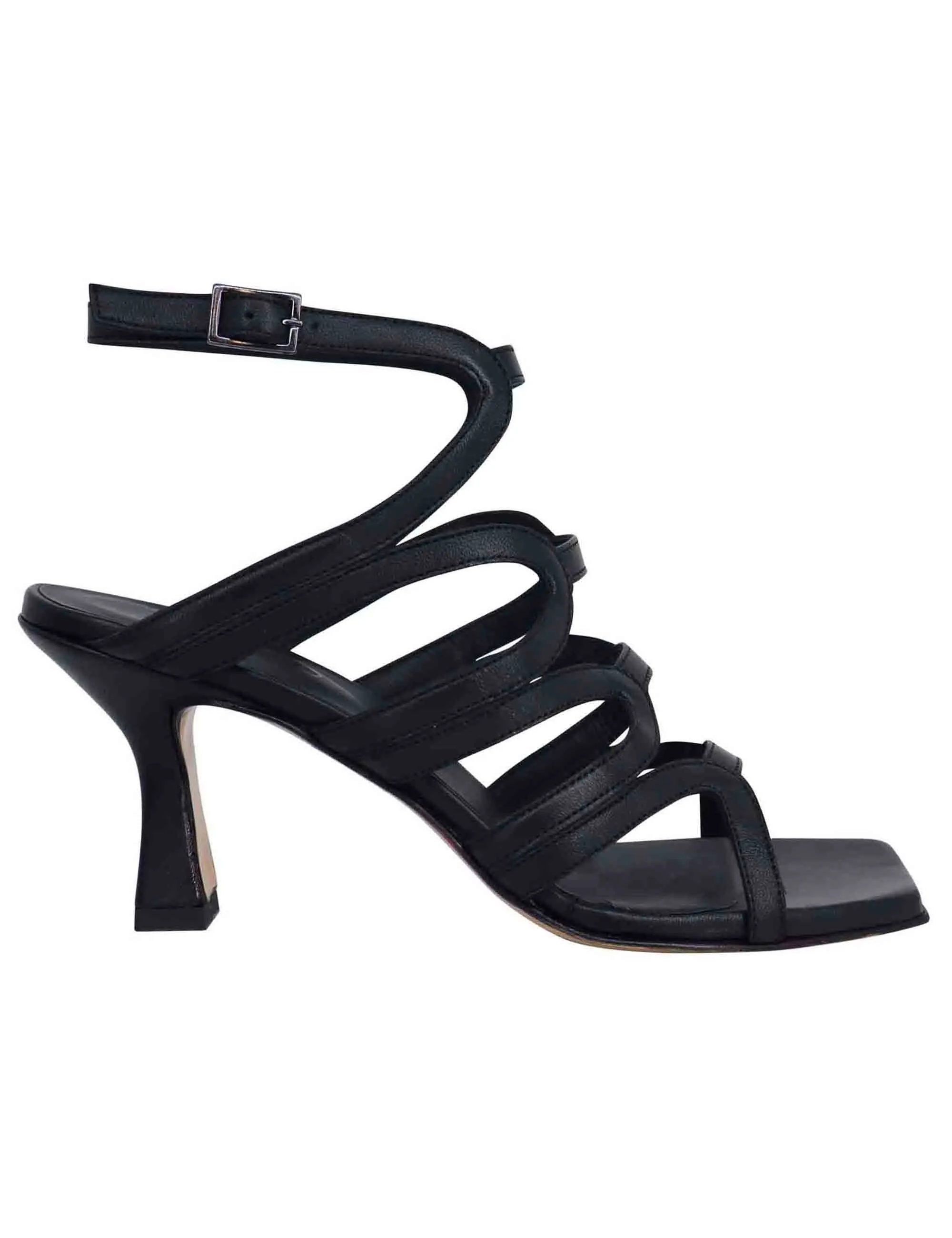 Sandali slingback donna in pelle nera con tacco alto e punta quadra