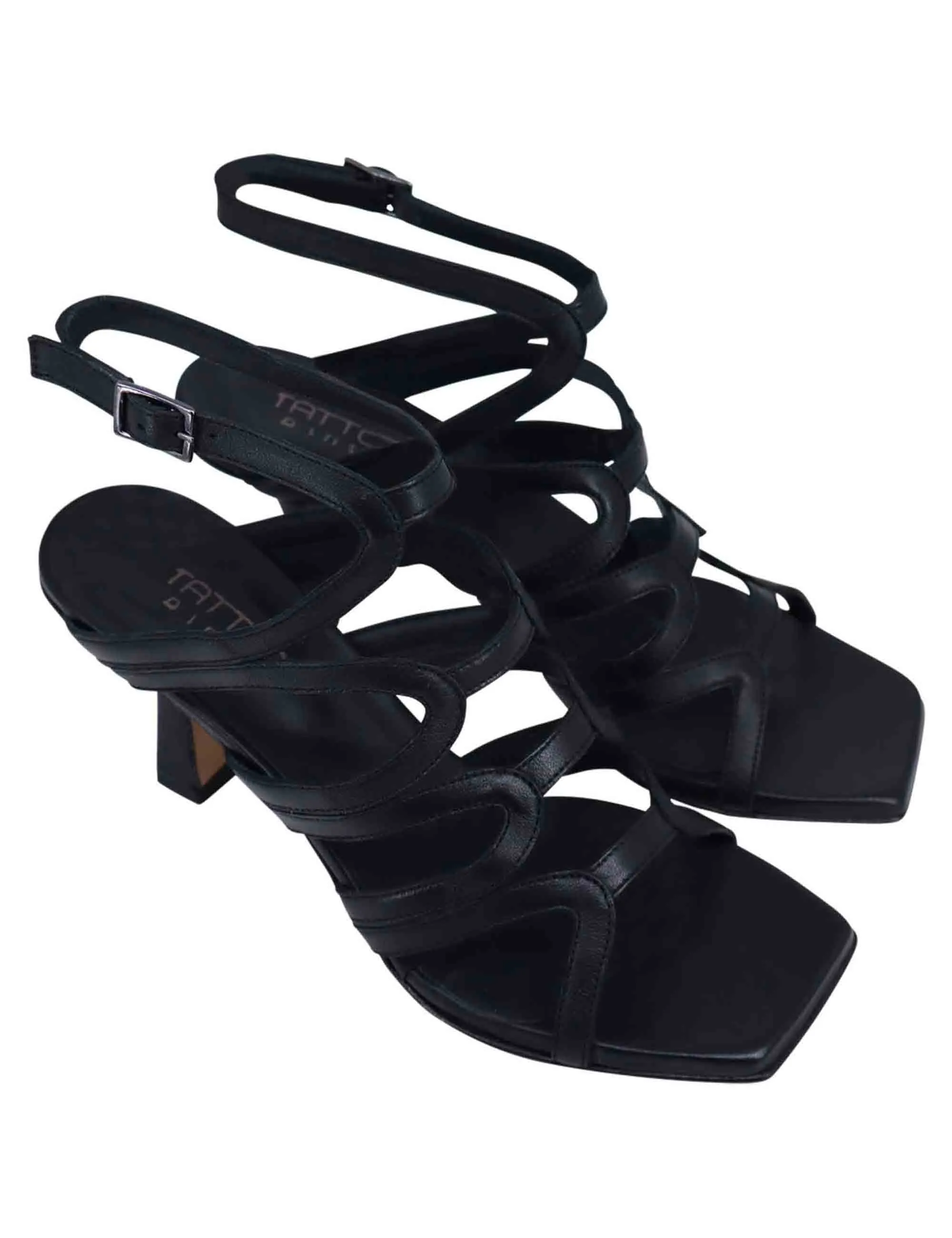 Sandali slingback donna in pelle nera con tacco alto e punta quadra