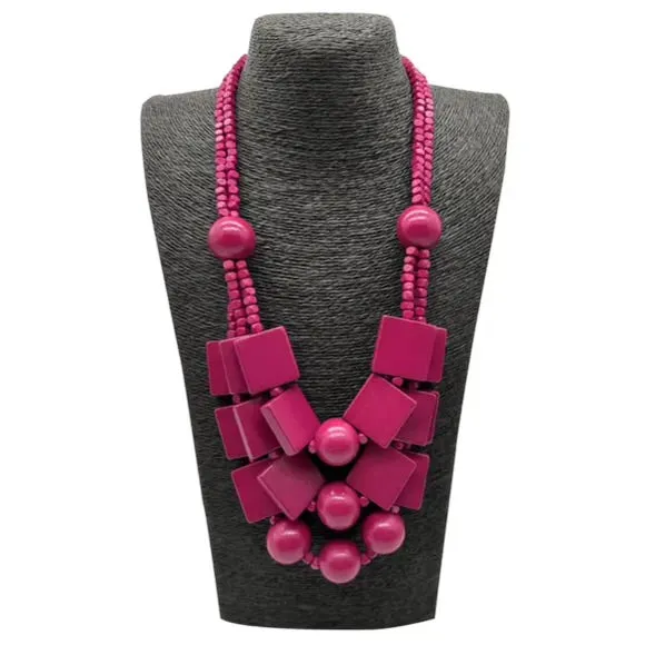 Square Wood Magenta Necklace