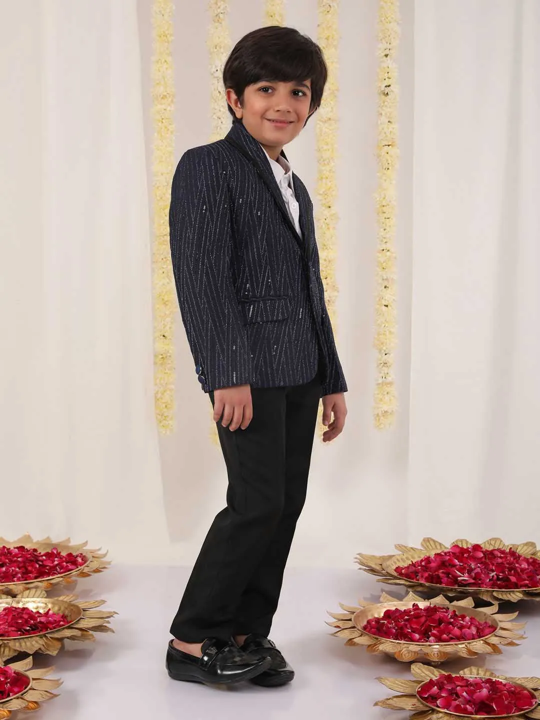 VASTRAMAY Boy's Blue Sequined Blazer