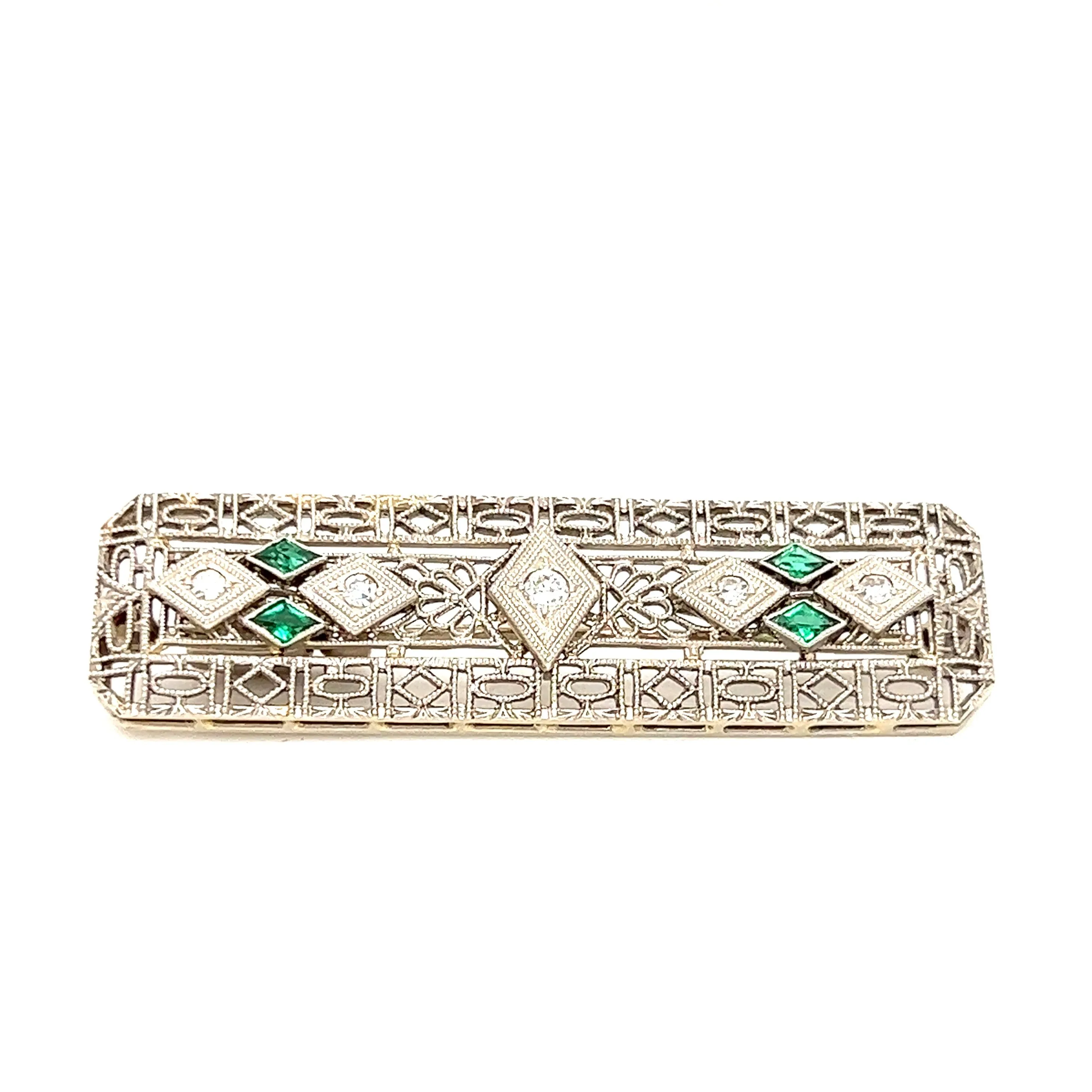 Vintage Diamond Pin With Four Emeralds in 14K White Gold