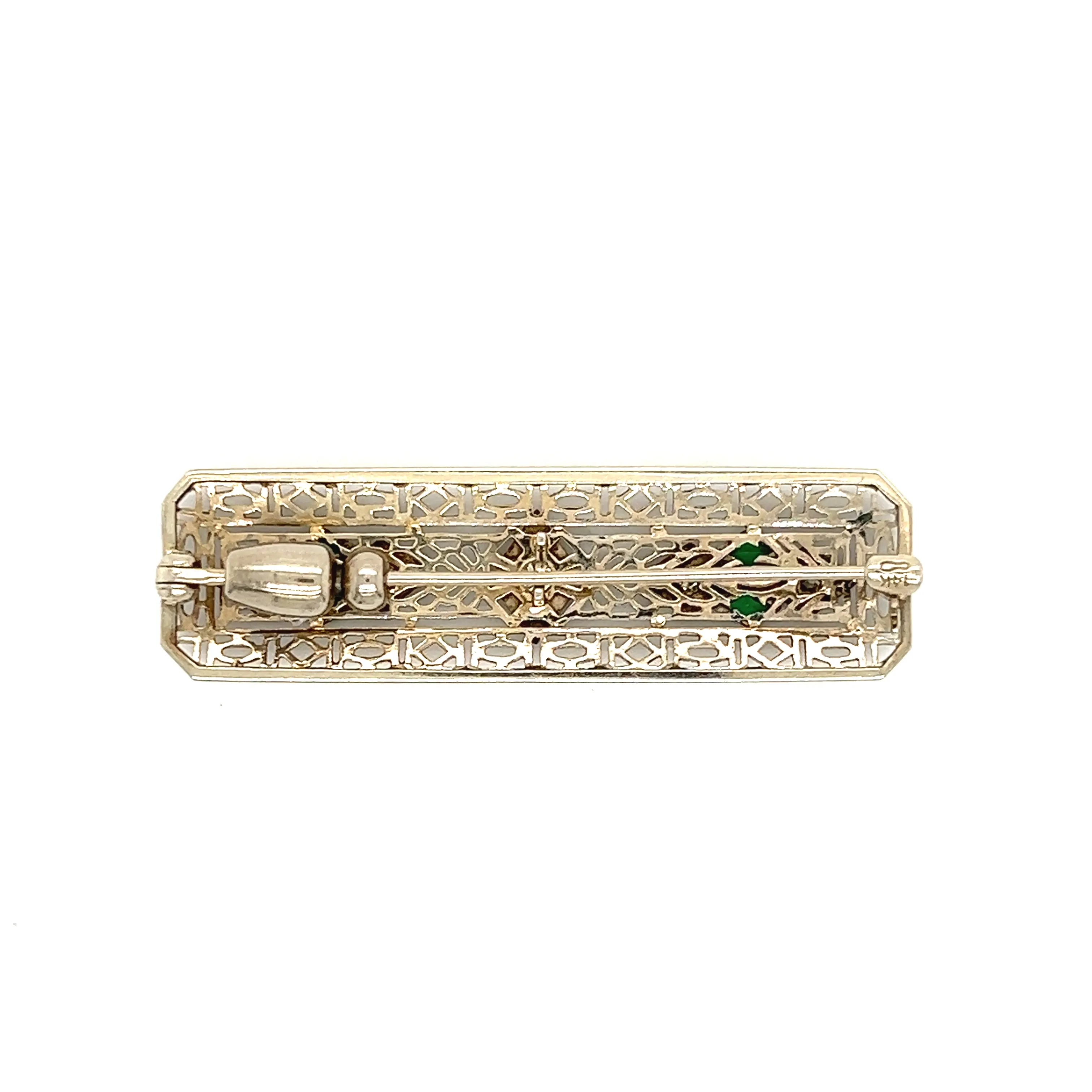 Vintage Diamond Pin With Four Emeralds in 14K White Gold