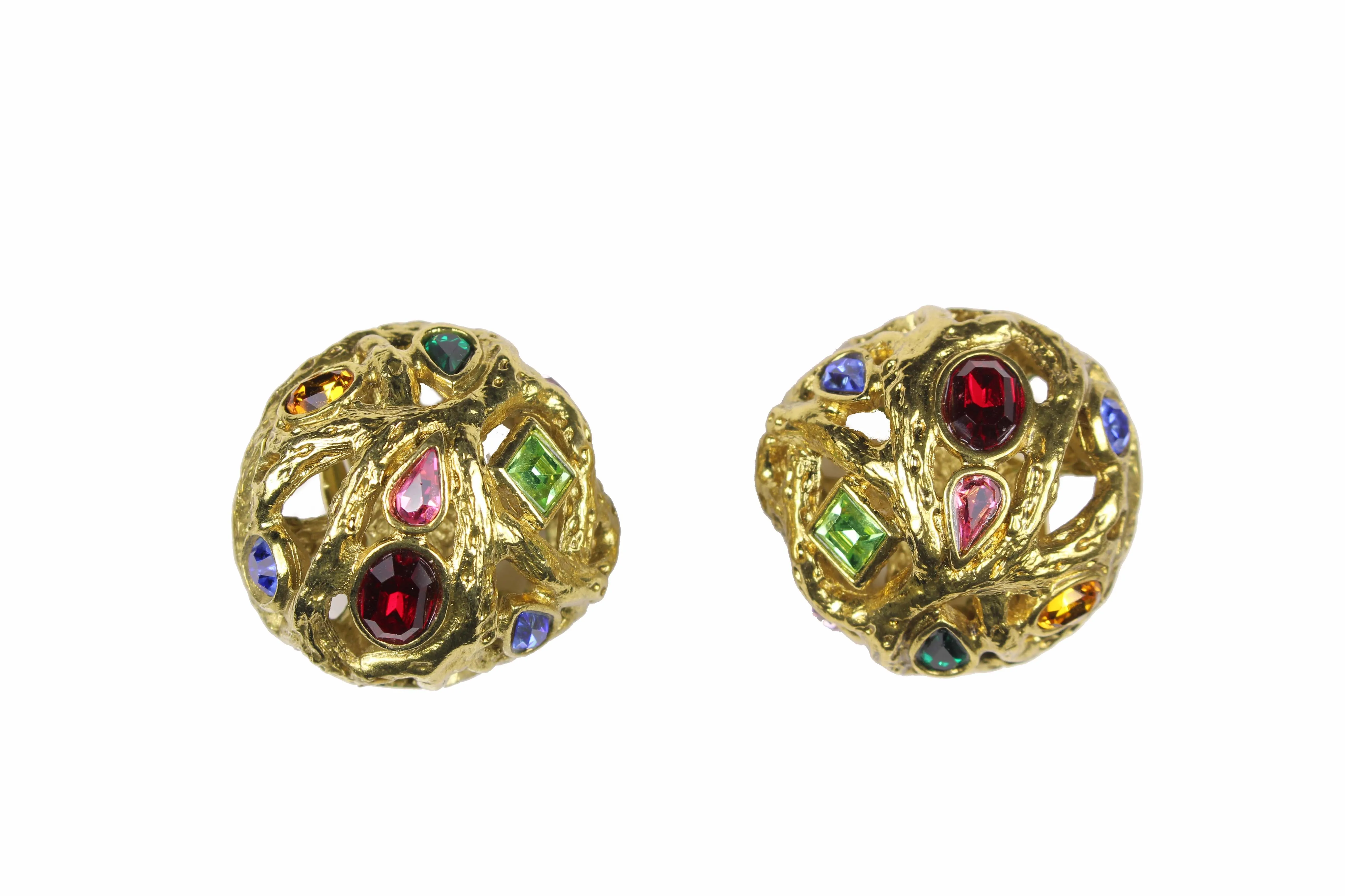 YVES SAINT LAURENT button earrings multicolor stones