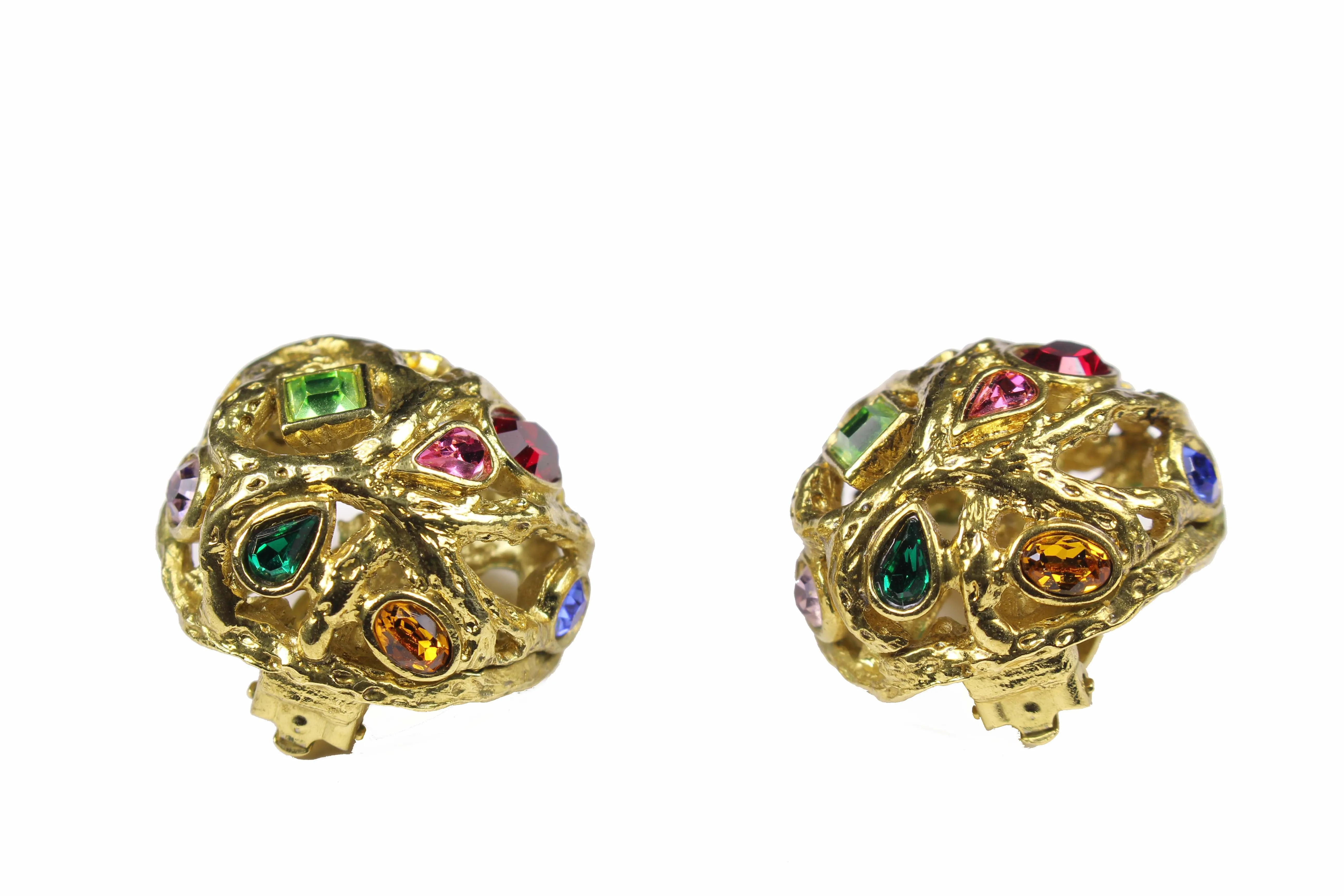 YVES SAINT LAURENT button earrings multicolor stones