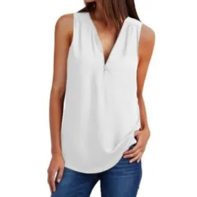 Zip Front Sleeveless Top - White